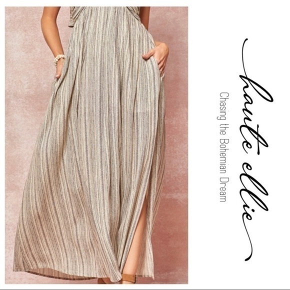 Rough Life-Gray Ivory Boho Halter Raw Edge Maxi Dress - Picture 8 of 13